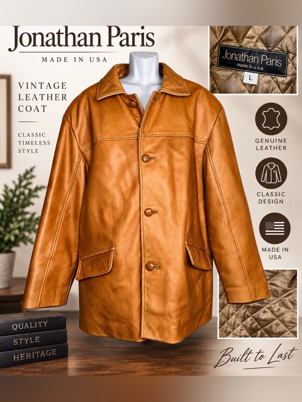 Vintage Jonathan Paris Genuine Leather Coat Tan Brown Quilted Lining Size L
